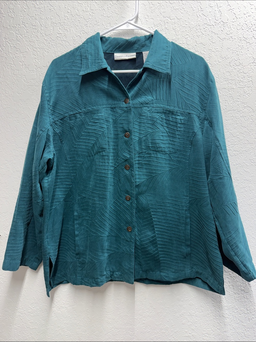Teal textured jacket lightweight velour feel button down 70s retro vibes fall L